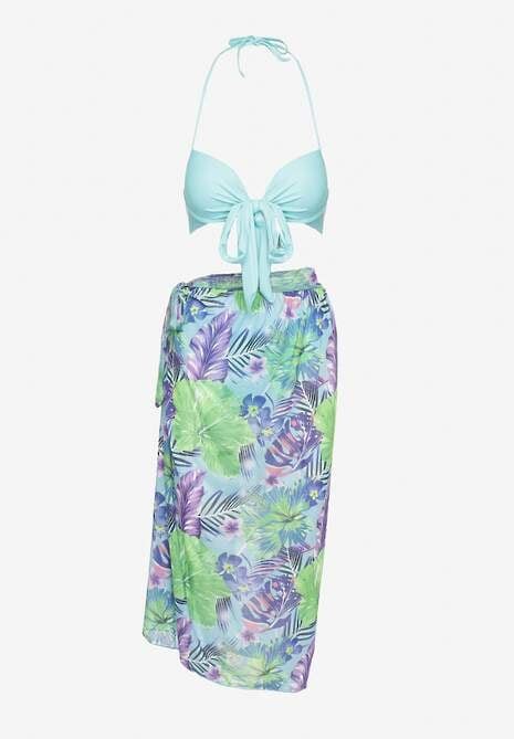 Jasnoniebieskie Bikini Majtki Figi Biustonosz z Wiązaniem i Kwiatowe