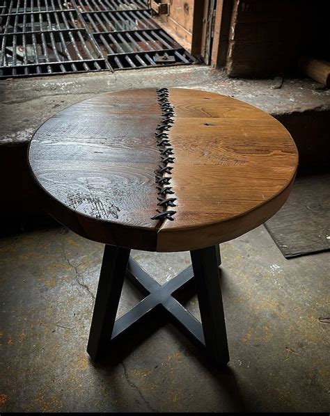 Reclaimed Wood Side Table Unique Accent Table Handmade Leather Stitched