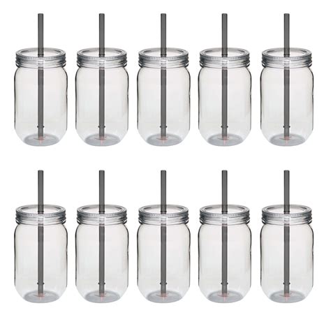 Plastic Mason Jars with Straw Set 24 oz. Set of 10, Bulk Pack - Jars ...