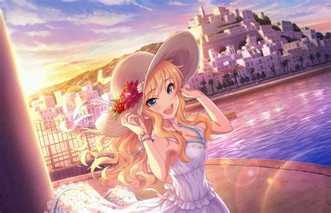 Blonde Hair Blue Eyes Breasts Building City Cleavage Dress Flowers Hat