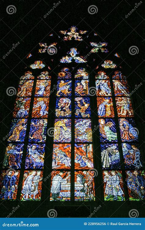 Colorful Religious Stained Glass Windows Of St Vitus Cathedral In Prague Czech Republic