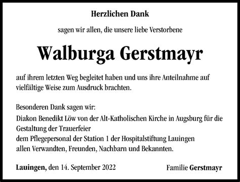 Traueranzeigen Von Walburga Gerstmayr Augsburger Allgemeine Zeitung