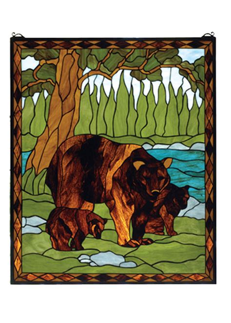 Bear And Cubs Spring Woods Stained Glass Window Black Forest Decor