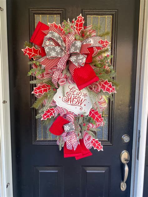 Winter Door Swag Christmas Wreath Let It Snow Decor Red And White