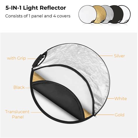 Five In One Circular Reflector With Handle 60cm Gold Silver Black White