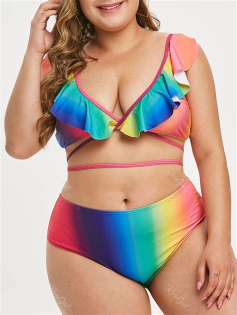 Plus Size Tie Dye Ruffled Rainbow Wrap Bikini Swimsuit Off Rosegal