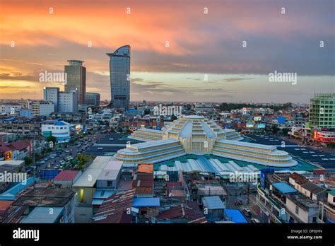 aerial view of the Art Deco Psar Thmei Central Market, Phnom Penh Tower ...