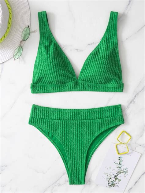 SHEIN Swim Vcay Textured V Neck Bikini Swimsuit SHEIN USA