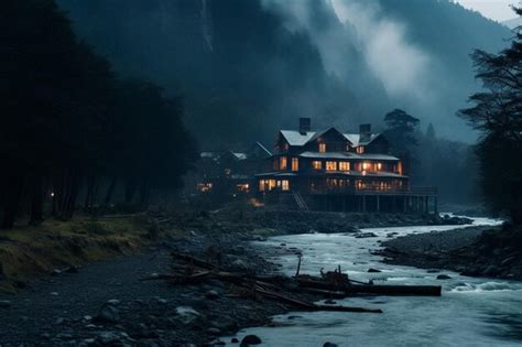 Premium AI Image | Misty Mountain River Retreat