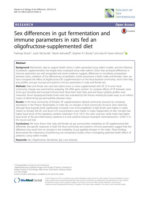 Pdf Sex Differences In Gut Fermentation And Immune Parameters In Rats