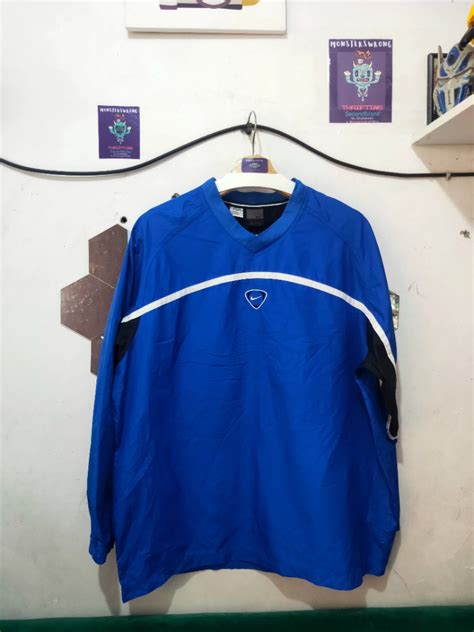 Kaos Lengan Panjang Parasut Nike Biru Garis Putih Small Logo Center