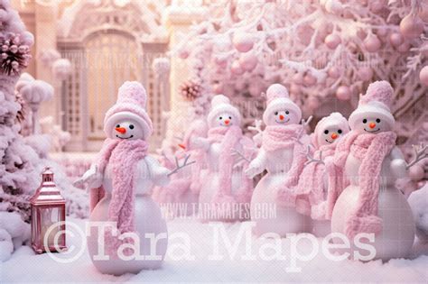 Pink Dollhouse Christmas Digital Backdrop Pink Christmas Snowman Snow