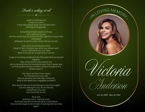 Modern Green Funeral Program Template Memorial Announcement, Obituary