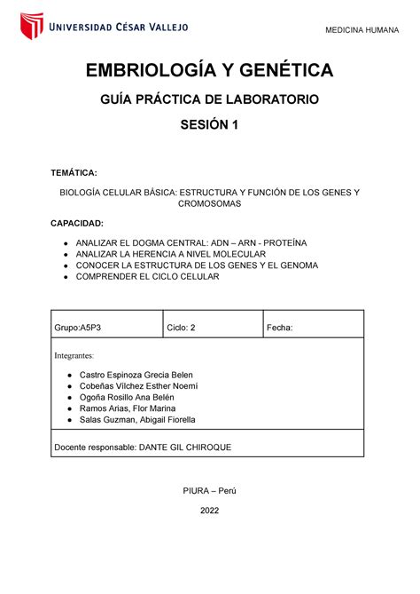 Informe N01 EMBRIOLOGÍA Y GENÉTICA GUÍA PRÁCTICA DE LABORATORIO