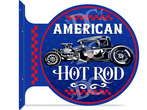 American Hot Rod Themed Double Sided Metal Flange Sign Redeye Laserworks