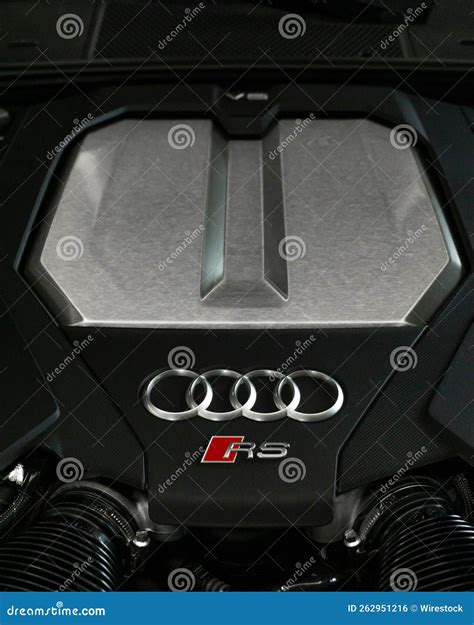 Closeup Of The Audi Rs6 V8 Engine Cover With Audi Rs Logo Black And