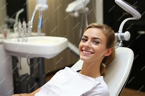 Premium Photo Young Smiling Woman Sitting On Chair At Dentist Office