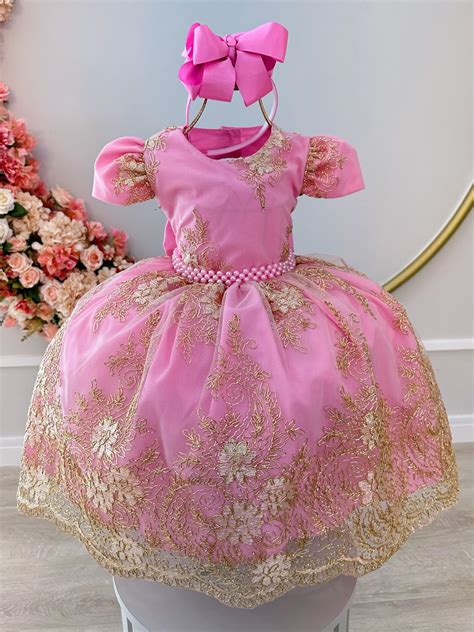 Vestido Infantil Rosa Renda Realeza Cinto De P Rolas Damas Rosa