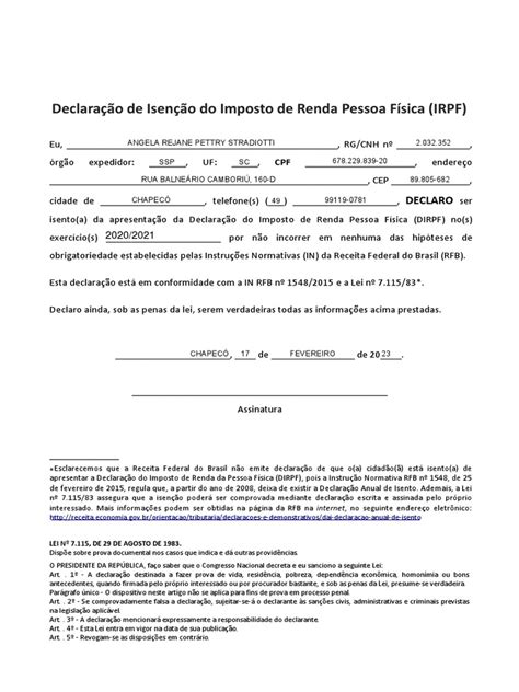 Declaração De Isento De Imposto De Renda Angela Pdf Imposto De