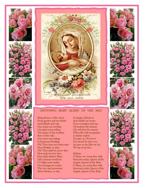 An Image Of The Virgin Mary With Pink Roses In Front Of It And Text Below