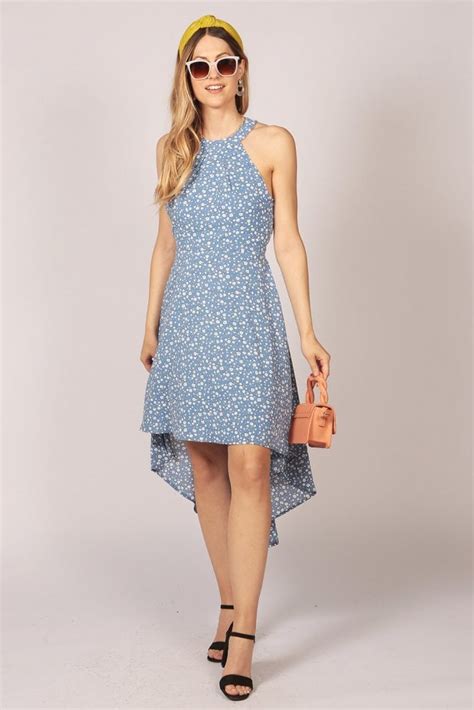 Halter Neck Floral Print High Low Dress In Blue