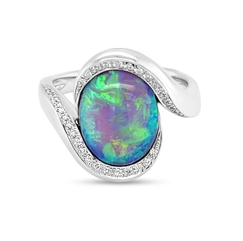 Australian Black Opal Diamond Engagement Ring 18K White Gold