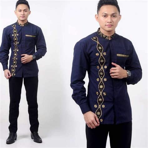 Jual Kemeja Baju Koko Lengan Panjang Kombinasi Batik Warna Navy Model