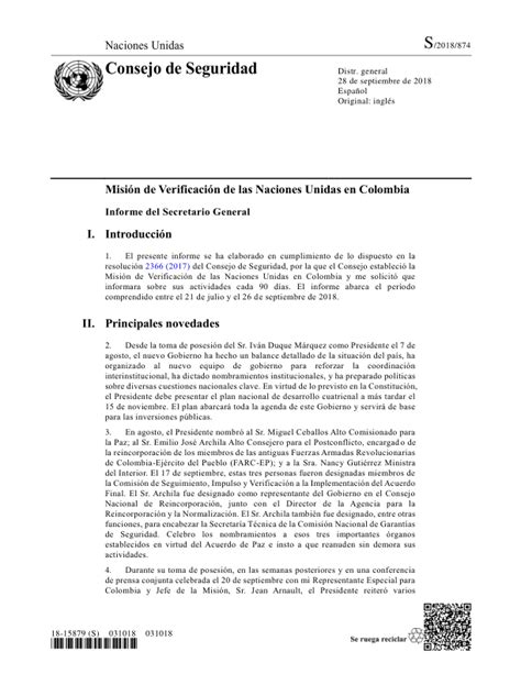 Misión De Verificación De Las Naciones Unidas En Colombia Informe Del