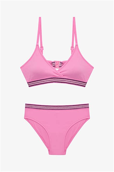 Açık Pembe Genç Kız Shay İnce Bant Detaylı Üçgen Bikini Takımı