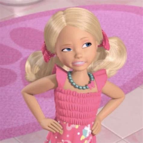 A Barbie Doll Is Standing In Front Of A Pink Rug And Wearing A Pink Dress