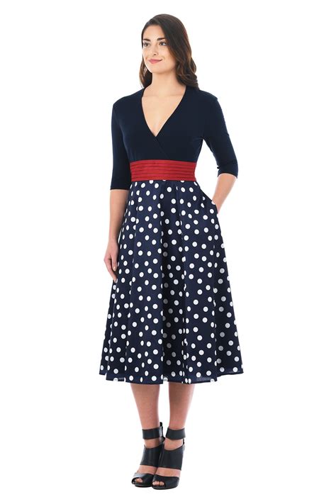 Shop Polka Dot Mixed Media Surplice Dress Eshakti