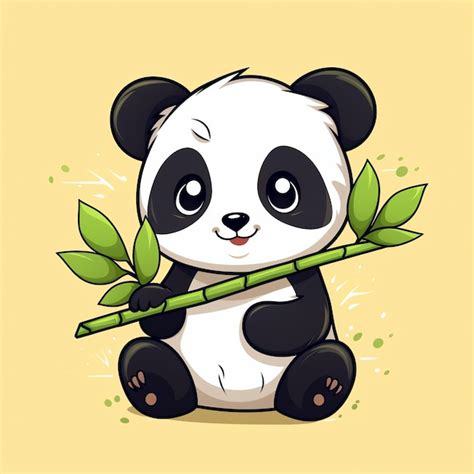 Un Lindo Oso Panda De Dibujos Animados Sosteniendo Una Vara De Bamb