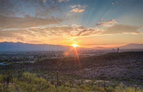 Sunrise Over Cityscape Of Tucson Arizona Viewed From Tumamoc Hill Stock