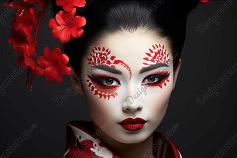 Exquisite geisha makeup with red blossoms