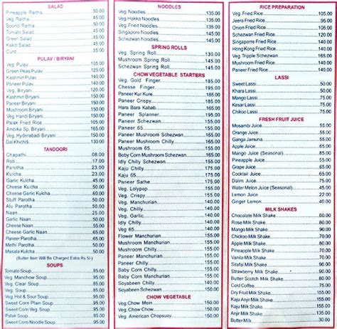 Menu Of Hotel Ambika Pure Veg Dombivali East Mumbai