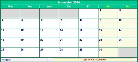 November 2024 South Africa Calendar With Holidays For Printing Image