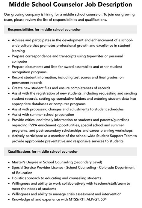 Middle School Counselor Job Description Velvet Jobs