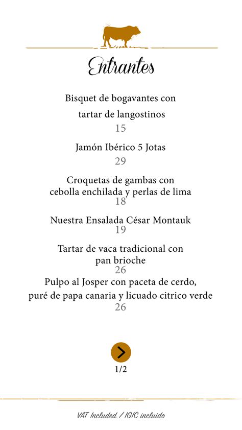 Menus 2024 Montauk Steak House Hard Rock hotel Tenerife in Armeñime