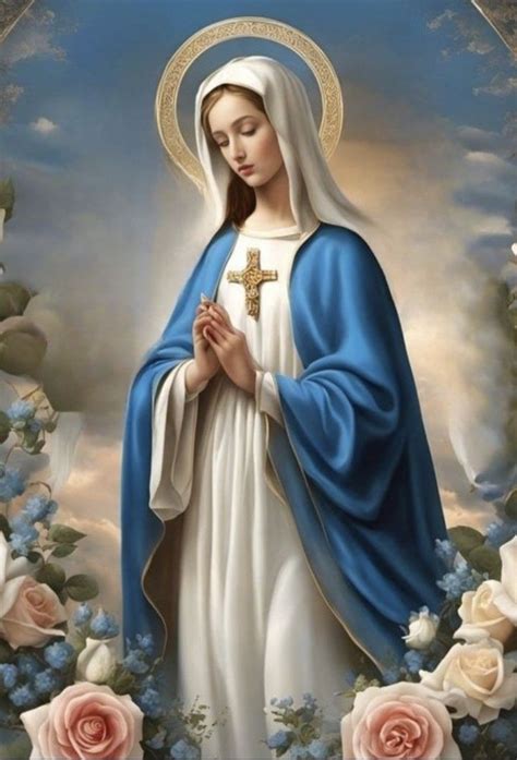 A Painting Of The Immaculate Mary With Roses Around Her