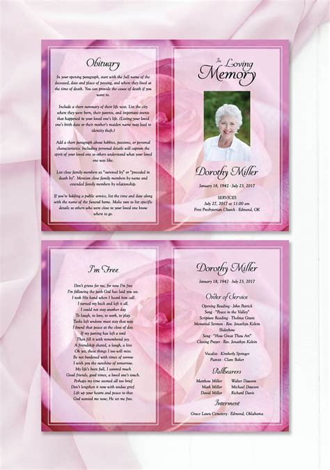 A 4 Page Bi Fold Funeral Program With Closeup Photo Of A Two Toned Pink Rose As The Background