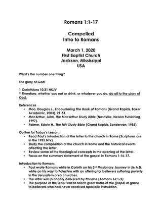 03 01 20 Romans 1 17 Compelled Intro To Romans PDF