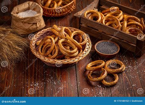 Salty hard round pretzels stock photo. Image of pastry - 173148152