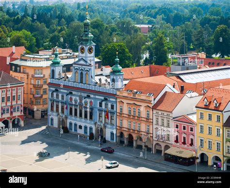 Town Hall And Other Historical Buildings On Main Square In Ceske