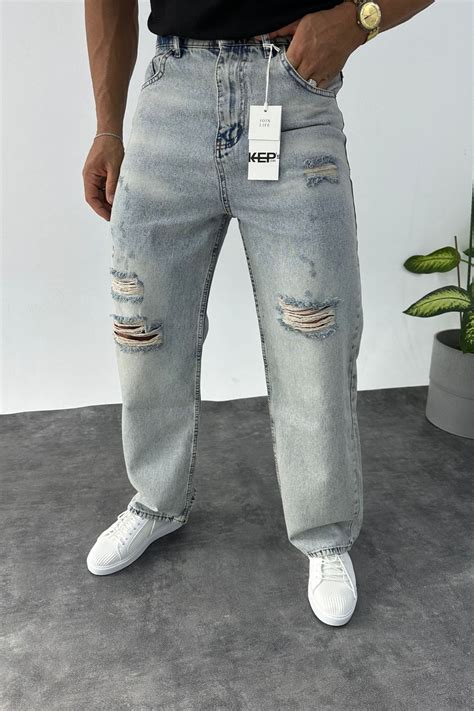 MADZEYMODA Erkek Relax Baggy Bol Kalıp Yırtık Detaylı Mavi Jean Kot