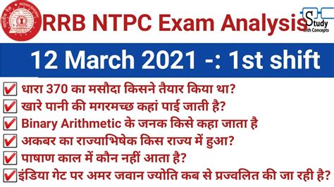 RRB NTPC Exam Analysis 2020 RRB NTPC 12 March 2021 1st Shift Asked