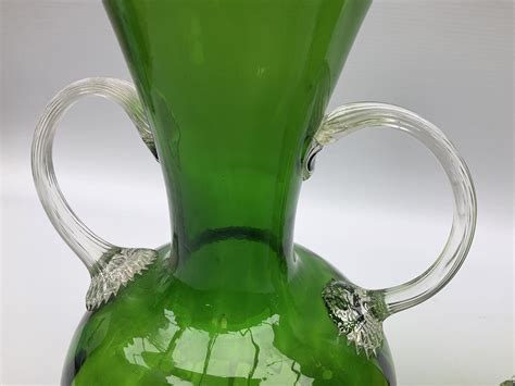 Murano Green Glass Twin Handled Vase And Victorian Green Glass Vase With Trailed Decoration