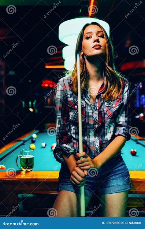 Young Beautiful Girl Is Playing Billiards Pleasant Pastime Rest