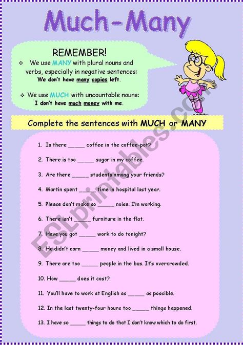 Grammar Much Many Esl Worksheet By Vesnushka