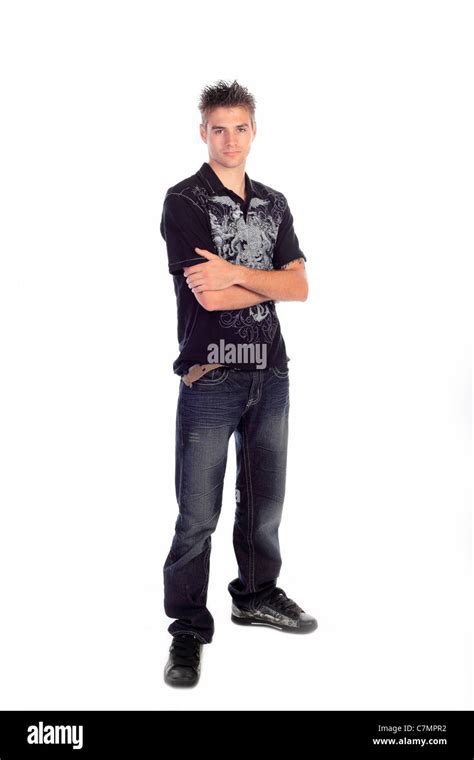 A young Caucasian male poses in studio over a white background Stock ...