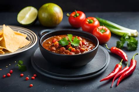 Premium AI Image | a bowl of chili with beans and vegetables.